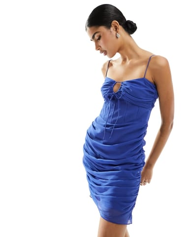 ASOS DESIGN tie front cami mini dress with ruched skirt in blue