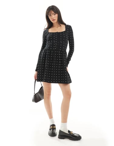 ASOS DESIGN square neck long sleeve skater hem mini dress skirt in spot print - MULTI