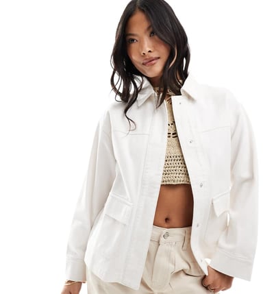 ASOS DESIGN Petite cotton twill shacket with pocket in ecru