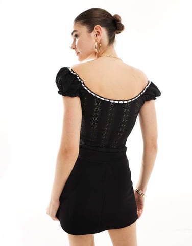 Miss Selfridge milkmaid top in white with contrast ribbons in black