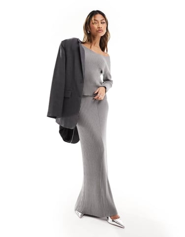 NA-KD ribbed assymetric neck top in dark grey
