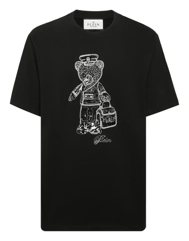 Black White Round Neck T-Shirt Teddy Bear
