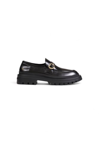 Black Leather Loafers Chunky Sole Gold Buckle