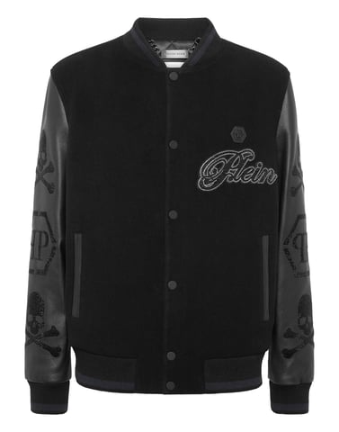Wool & Leather Varsity Bomber Jacket Patches Stones