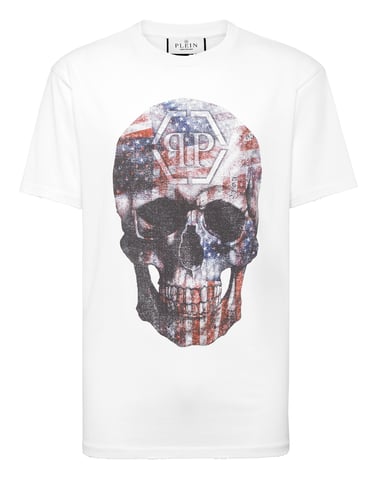 Tvättad rundhalsad t-shirt med dödskalle och amerikanskt tryck