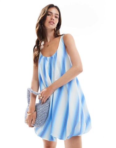 ASOS DESIGN mini puffball dress in blue blurred stripe