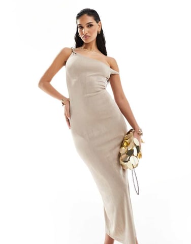 Kaiia exclusive double layered slinky off shoulder bodycon midi dress in light taup