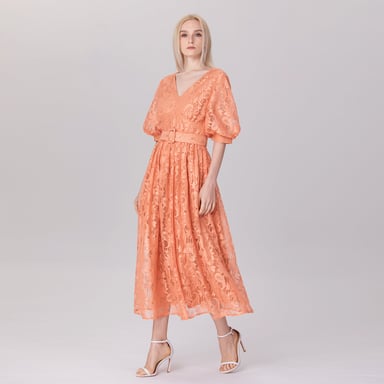 All-Lace Puffy Sleeves Dress With Belt