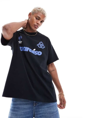 ASOS DESIGN oversized t-shirt with paraiso front print in black