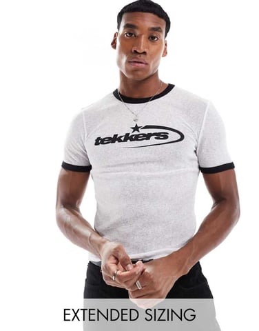 ASOS DESIGN muscle fit ringer t-shirt in white fabric with chest print