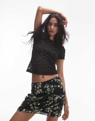 Topshop textured lace tee in black