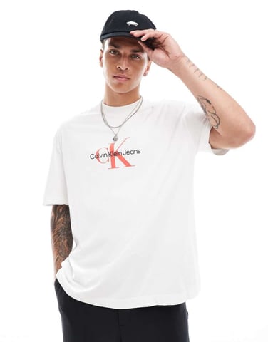 Calvin Klein Jeans – Vit t-shirt med monologotyp i arkivstil