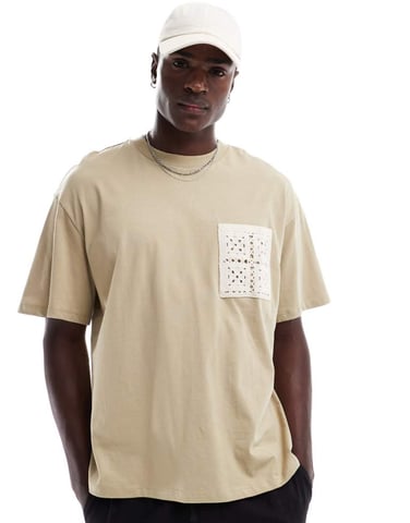 ONLY & SONS oversize t-shirt with crochet pocket in light brown