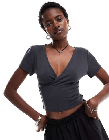 Monki super soft cropped short sleeve top with wrap front detail in black