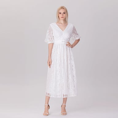 All-Lace Puffy Sleeves Dress With Belt