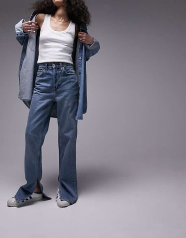 Topshop Kort high rise straight jean with split in mid blue