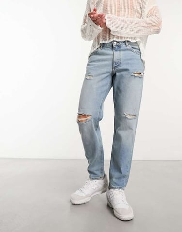 ASOS DESIGN classic rigid jeans with rips in mid blue