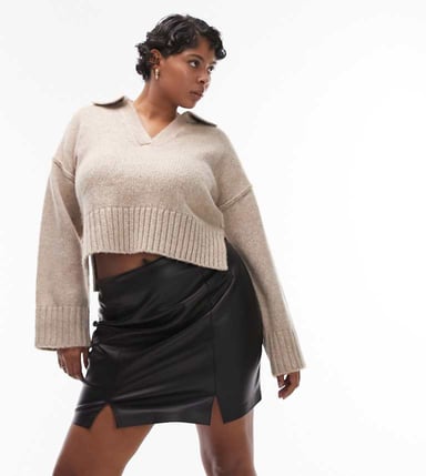 Topshop Curve leather look split detail mini skirt in black
