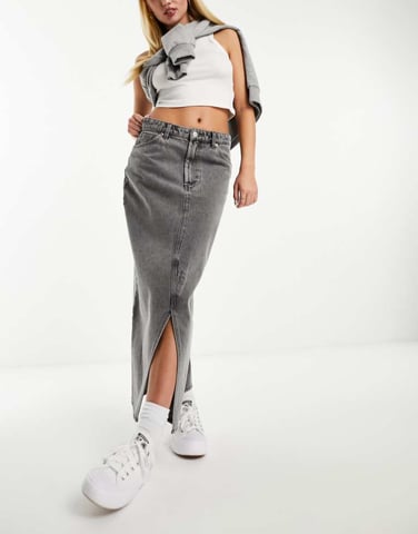 Monki midi denim skirt in grey