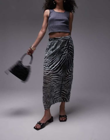 Topshop crinkle midi skirt in abstract print in mono