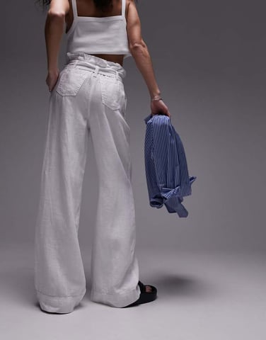 Topshop linen high waist paperbag wide leg trouser in white
