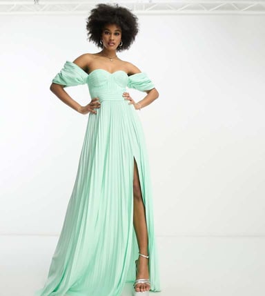 ASOS DESIGN Tall sweetheart neck off shoulder pleated maxi dress in sage green