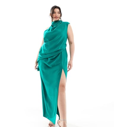 ASOS DESIGN Curve high neck one shoulder drape maxi dress with thigh split in green