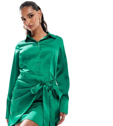 In The Style x Perrie Sian exclusive satin wrap tie side mini shirt dress in emerald green