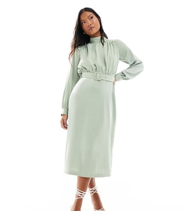 Closet London Petite – Salviagrön midiklänning med hög halsringning och skärp