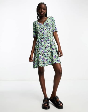 Monki button through mini dress in green floral