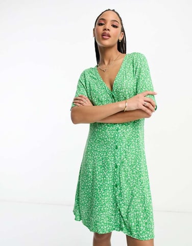 Monki button through mini dress in green meadow floral