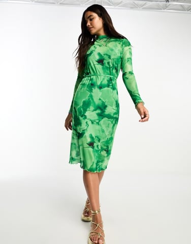 Vero Moda printed mesh midi dress in green