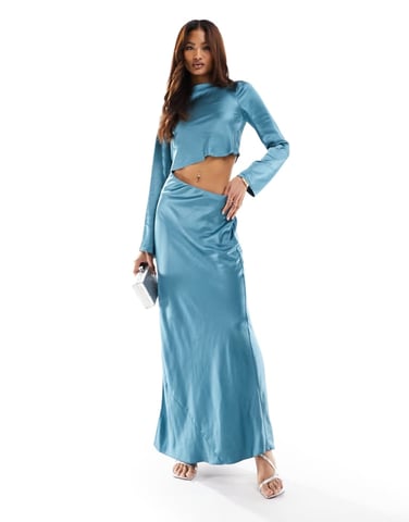 ASOS DESIGN satin asymmetric waist cut out maxi dress in teal
