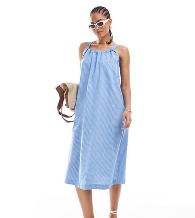 Vero Moda Tall cotton ruched neck maxi dress in blue stripe