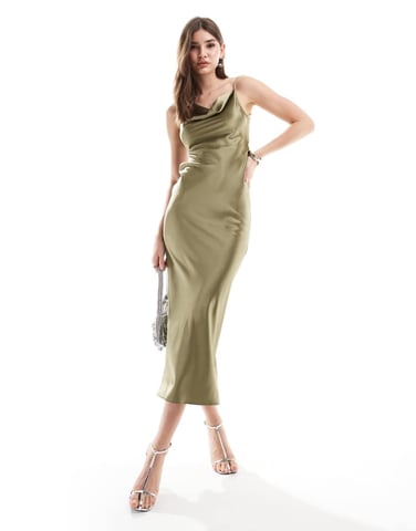 Miss Selfridge satin asymetric cowl maxi dress in khaki