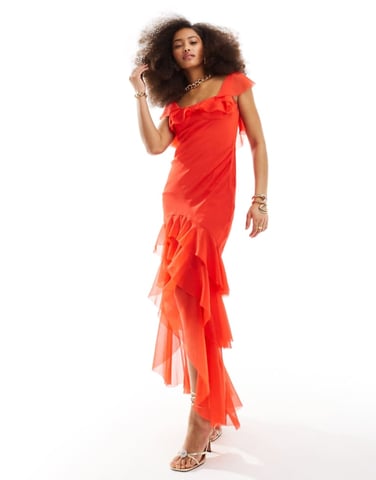ASOS DESIGN bardot high low maxi dress with raw edge in bright red