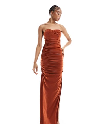 ASOS DESIGN Tall twist bandeau maxi dress with exaggerated draped skirt in rust