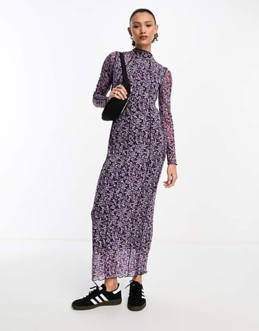 Noisy May mesh exposed seam maxi dress in purple ditsy
