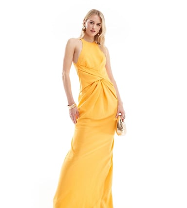 ASOS DESIGN Tall textured racer neck maxi dress with twist waist detail in orange