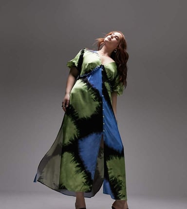 Topshop Curve v neck flutter sleeve printed maxi dress with in blue and green