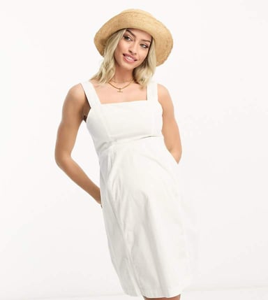 ASOS DESIGN Maternity soft denim mini pinny dress in off white