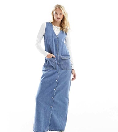 Vero Moda Tall denim sleeveless button through maxi dress in blue