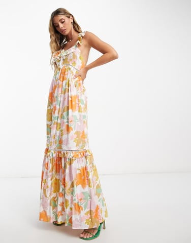 ASOS DESIGN – Volangklänning i maximodell med spetsinsatser i retrostil och blommigt tryck