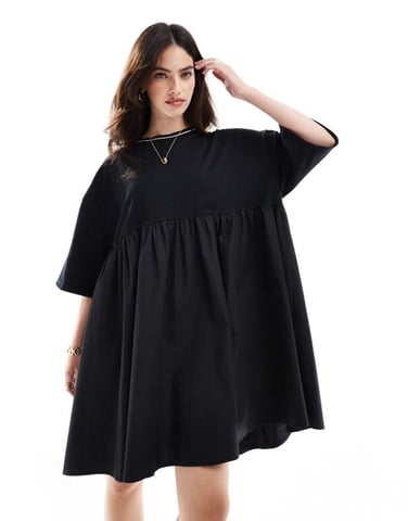 ASOS DESIGN short sleeve poplin mix mini dress with contrast neckline in black