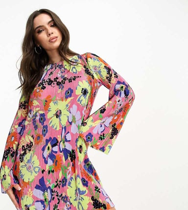 ASOS DESIGN Petite mini plisse dress with flared sleeve in pink floral print