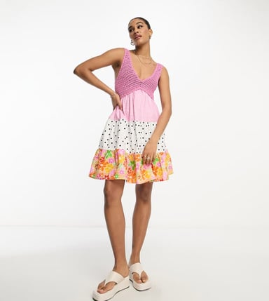 ASOS DESIGN Tall crochet babydoll mini dress in pink mixed print