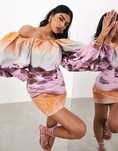 ASOS EDITION structured bardot mini dress in sunset print