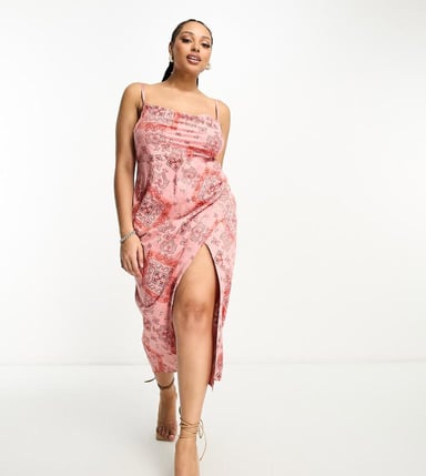 ASOS DESIGN Curve cowl midi sundress with ruching detail in bandana print