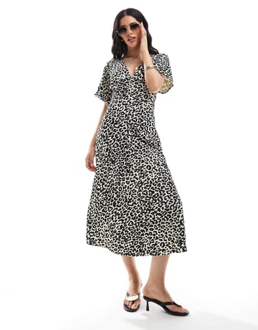 ASOS DESIGN roll sleeve button front midi tea dress in animal print