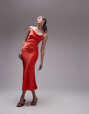 Topshop cowl neck scoop back midi dress in red